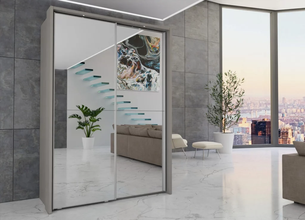 Mirrored-Wardrobes-Wiemann Berlin 150cm Sliding Wardrobe Full Mirror Carcass Pebble Grey With Frame 1