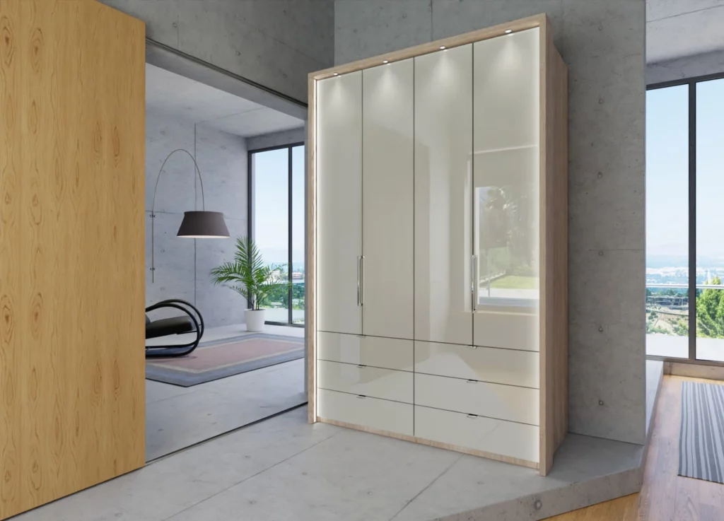 Wardrobes-with-drawers-Wiemann-Kansas-150cm-BiFolding-Wardrobe-Champagne-Glass-No-Mirrors-Carcass-Rustic-Oak-With-Frame