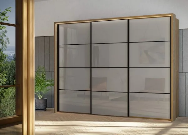 3-door-wardrobes-Miami-Plus-Sliding-Wardrobe-280cm-Grey-Glass-No-Mirror-Carcass-Rustic-Oak-With-Frame