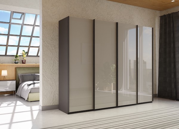 4-door-wardrobes-Wiemann-Nizza-Sliding-Door-Wadrobe-300cm-Pebble-Grey-Glass-No-Mirror-Carcass-Graphite
