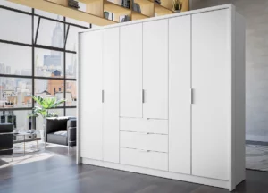 Dako-Bangkok-hinged-freestanding-6-door-wardrobe-with-3-drawers-255cm-wide-white-colour