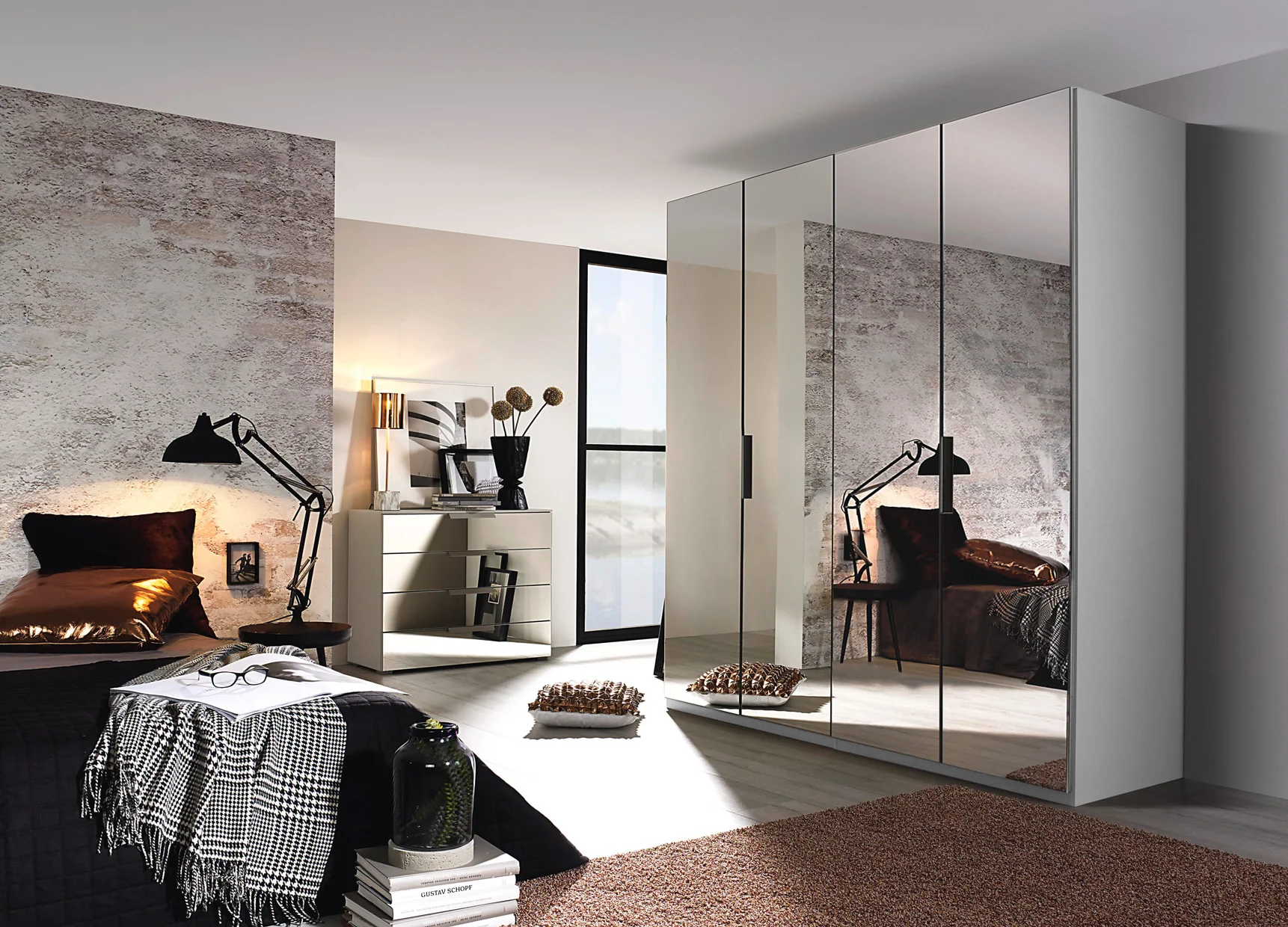 Rauch-Miramar-4-hinged-door-wardrobe-201cm-width-grey-full-mirror
