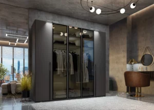 Rauch-Skat-Shine-5-hinged-door-wardrobe-251cm-width-graphite-matt-transparent-glass