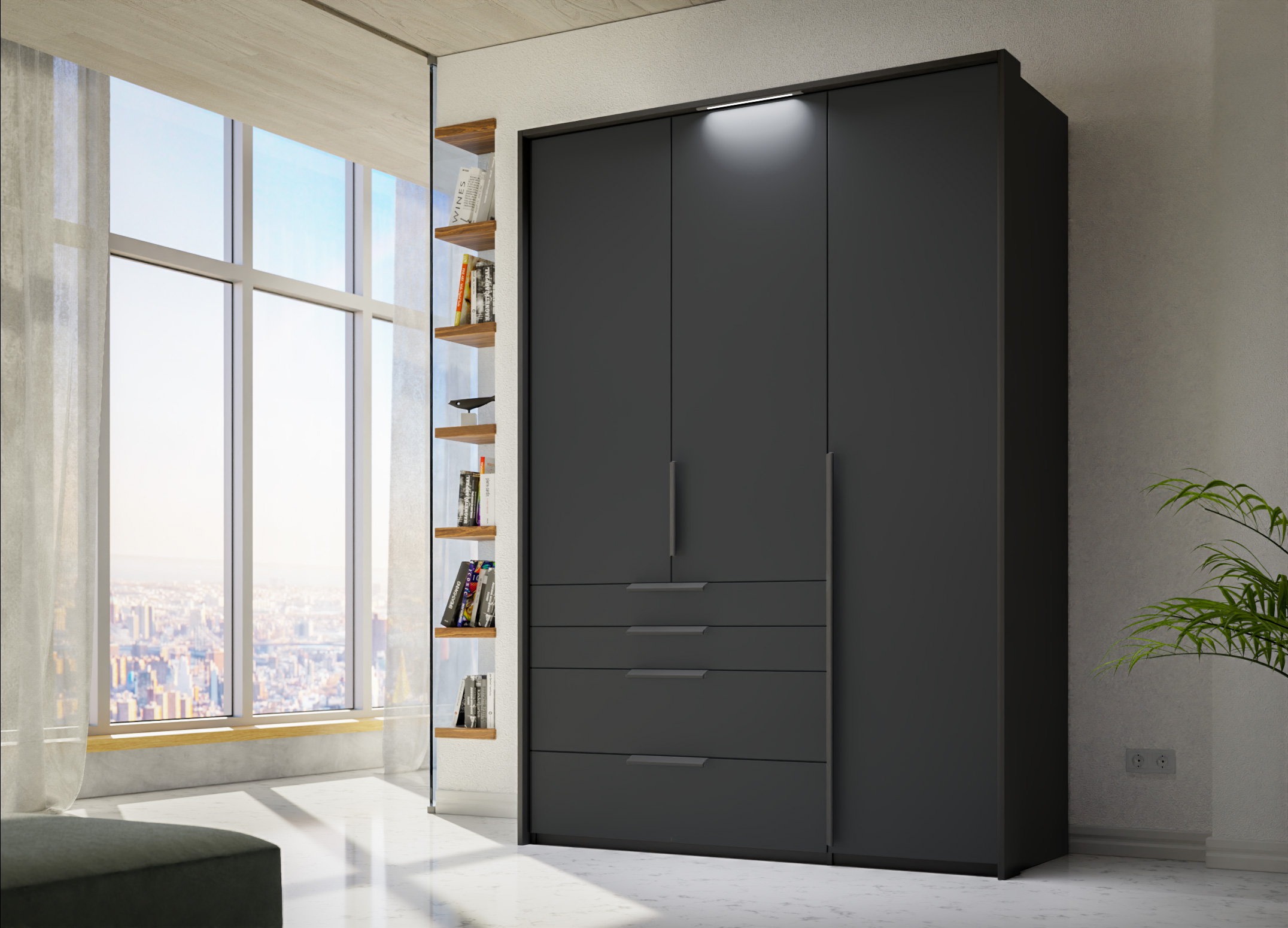 Rauch-Purisma-3-hinged-door-wardrobe-151cm-width-black-matt-drawers-with carcass