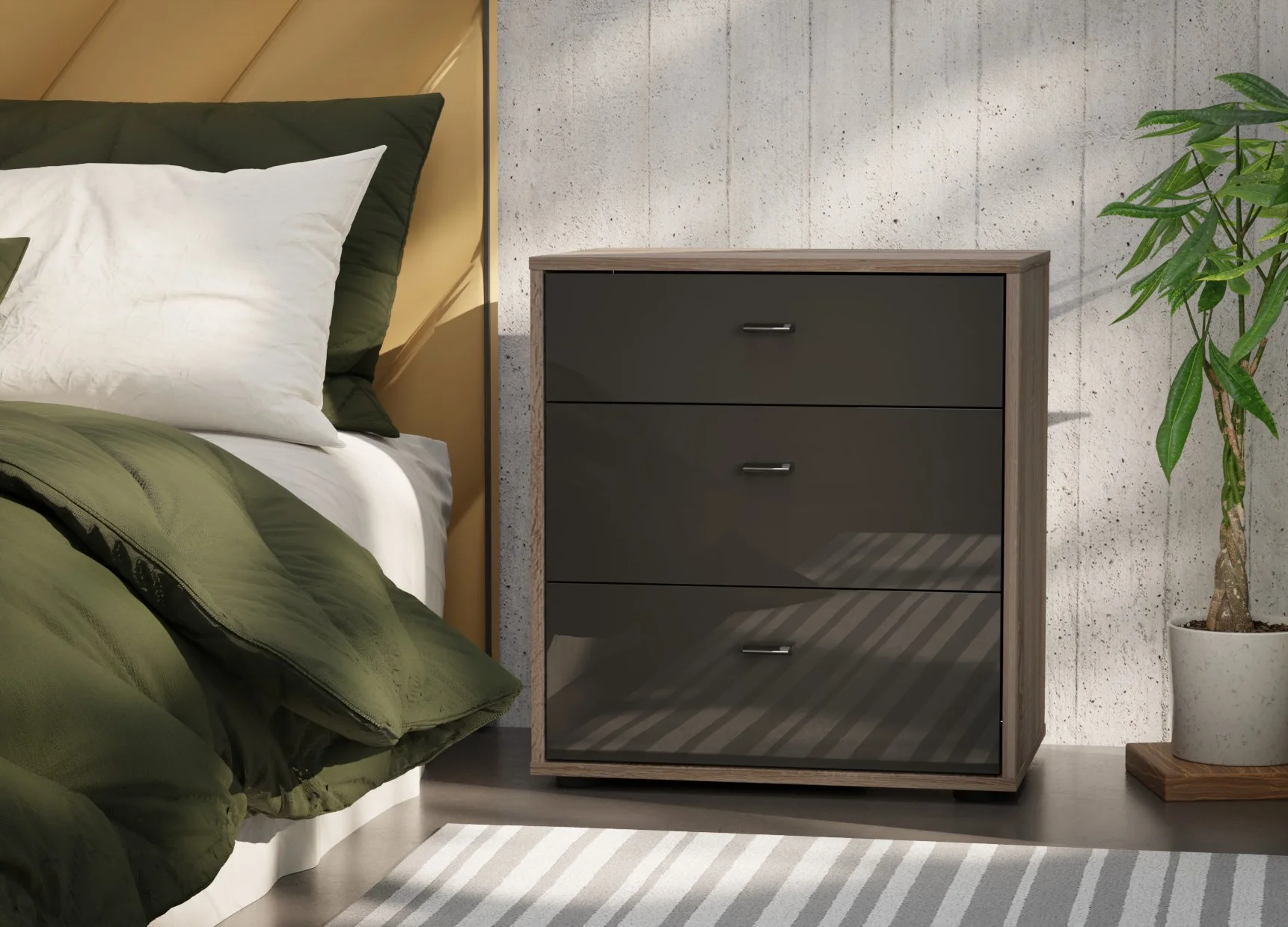 Tokio 60x64 Graphite Glass 3 Drawers (carcass dark rustic oak)