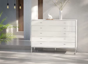 Tokio_Vigo 141x86 White Glass 5 Drawers (carcass white with angled feet)
