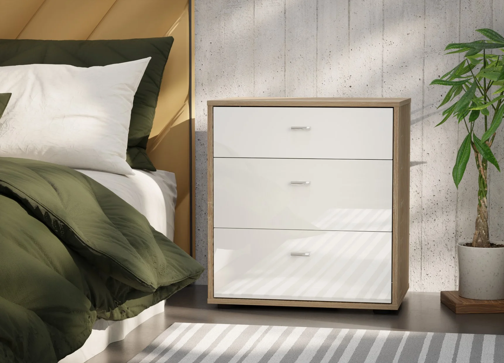 Tokio_Vigo 60x64 White Glass 3 Drawers (carcass rustic oak)