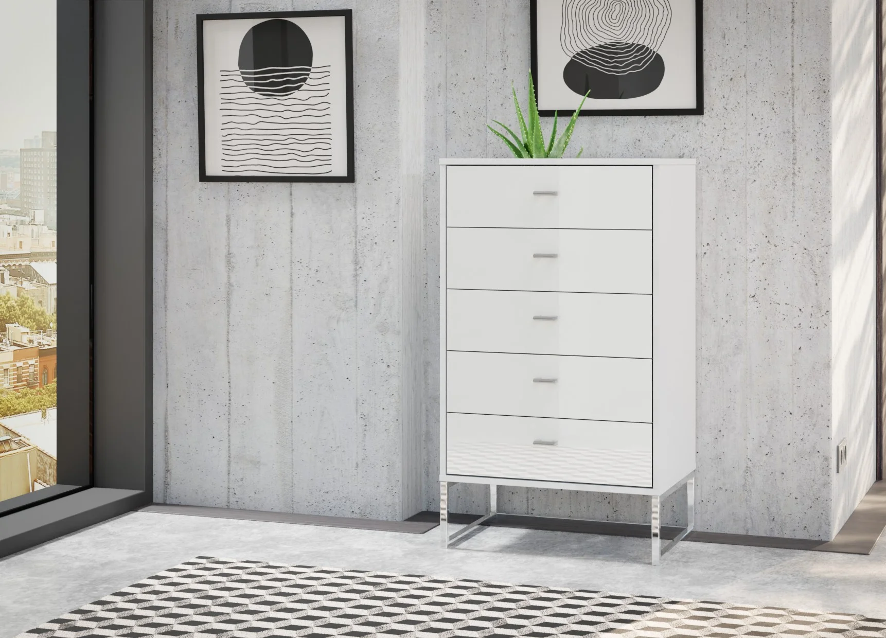 Tokio_Vigo 60x86 White Glass 5 Drawers (carcass white with angled feet)